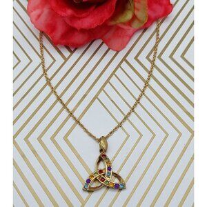 Pretty Gold Tone Trinity Knot Pendant Necklace Colorful Crystal 18" Long